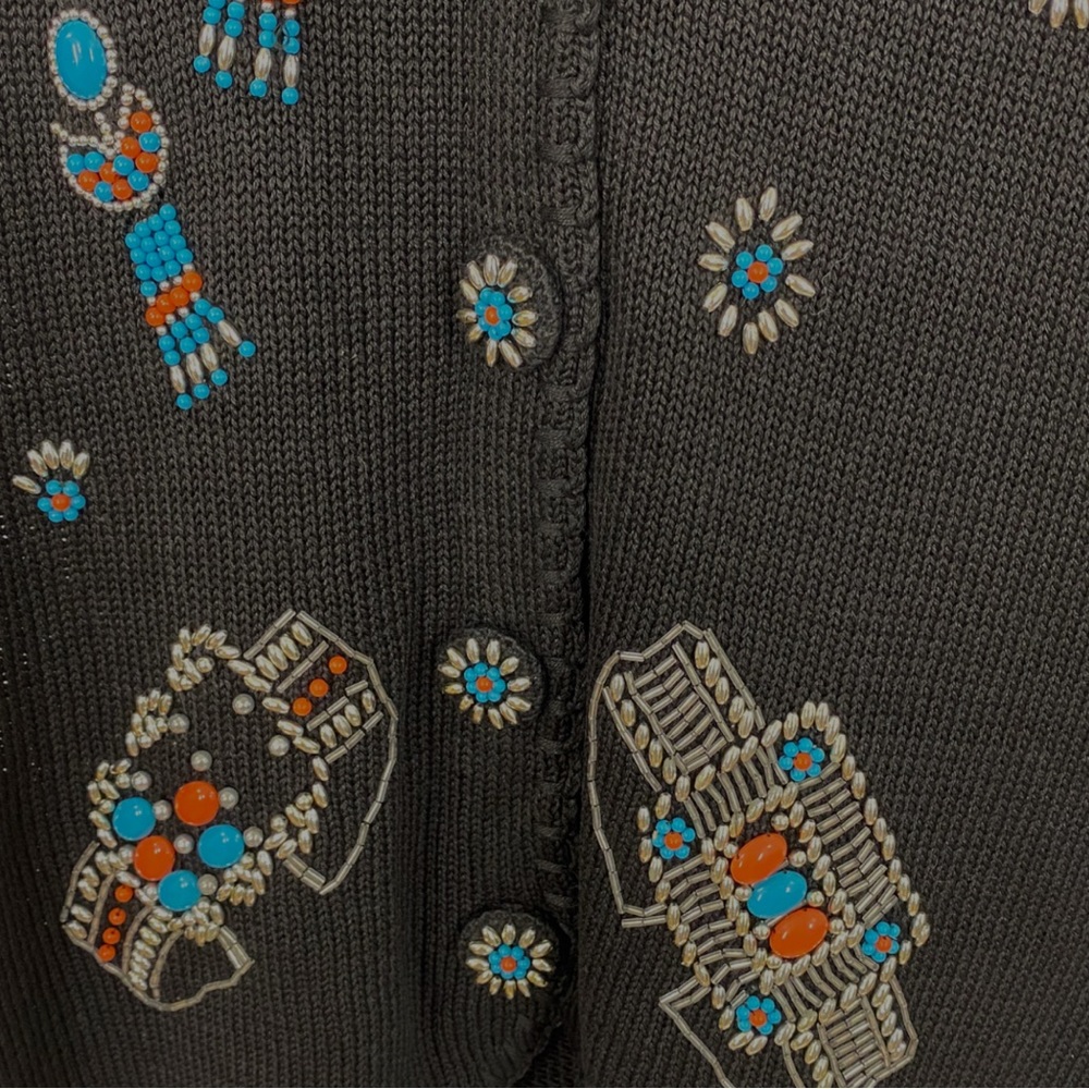 Vintage Victoria Jones Black Knit Southwest Beaded Long Sleeveless Cardigan - Picture 5 of 8